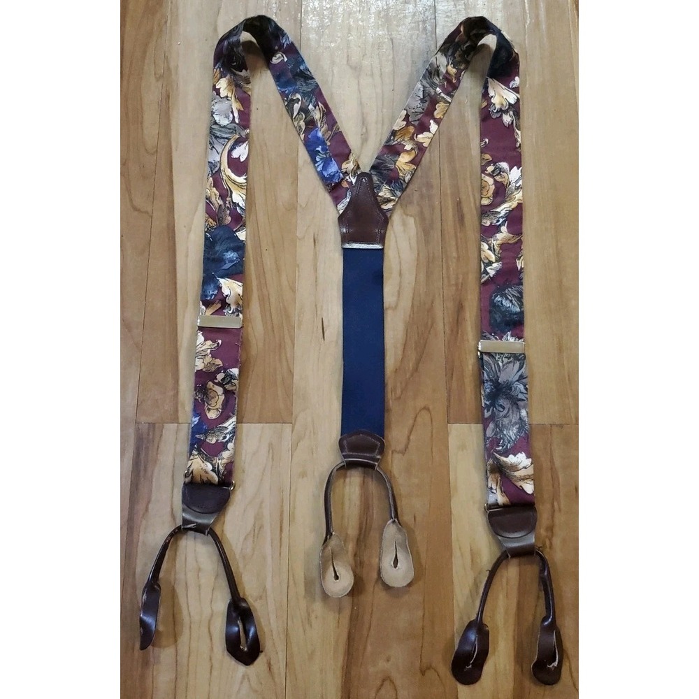 CAS W Germany Men's Burgundy Navy Floral Suspenders Brown Leather